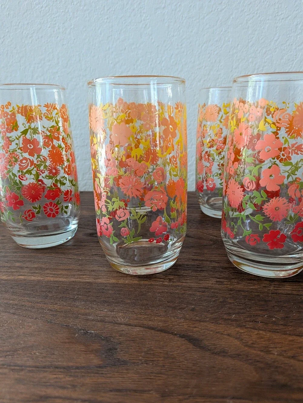 Set of 6 Retro Anchor Hocking Floral Tumblers Juice Glasses Orange Red Yellow